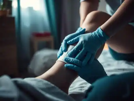 Clinician applying a sterile wound dressing during an in-home visit